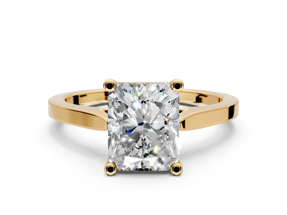 Solitaire Engagement Ring Setting for Radiant Cut Center with Tapered Shoulders and Prong Head in Yellow Gold