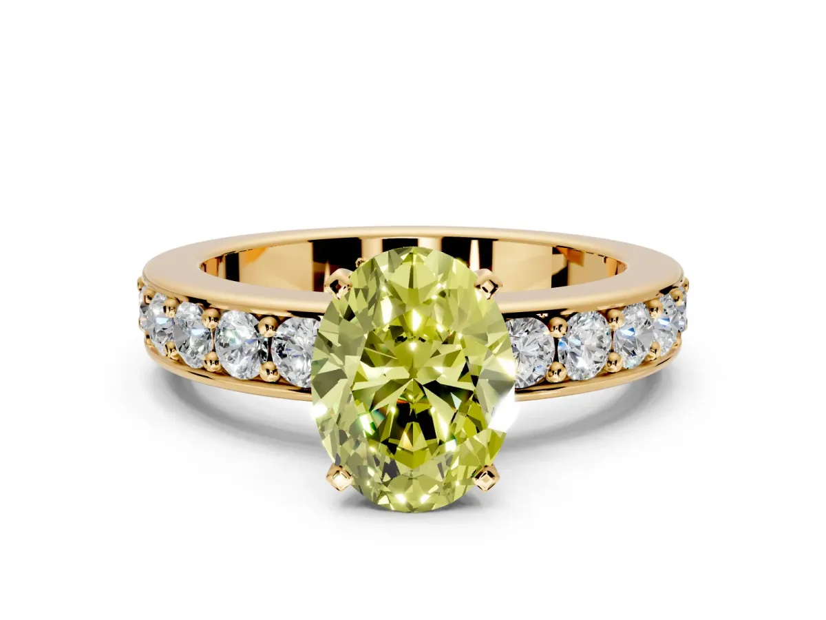 Solitaire Engagement Ring Setting for Fancy Yellow Oval Center with Channel-Set Accents and Prong Head in Yellow Gold