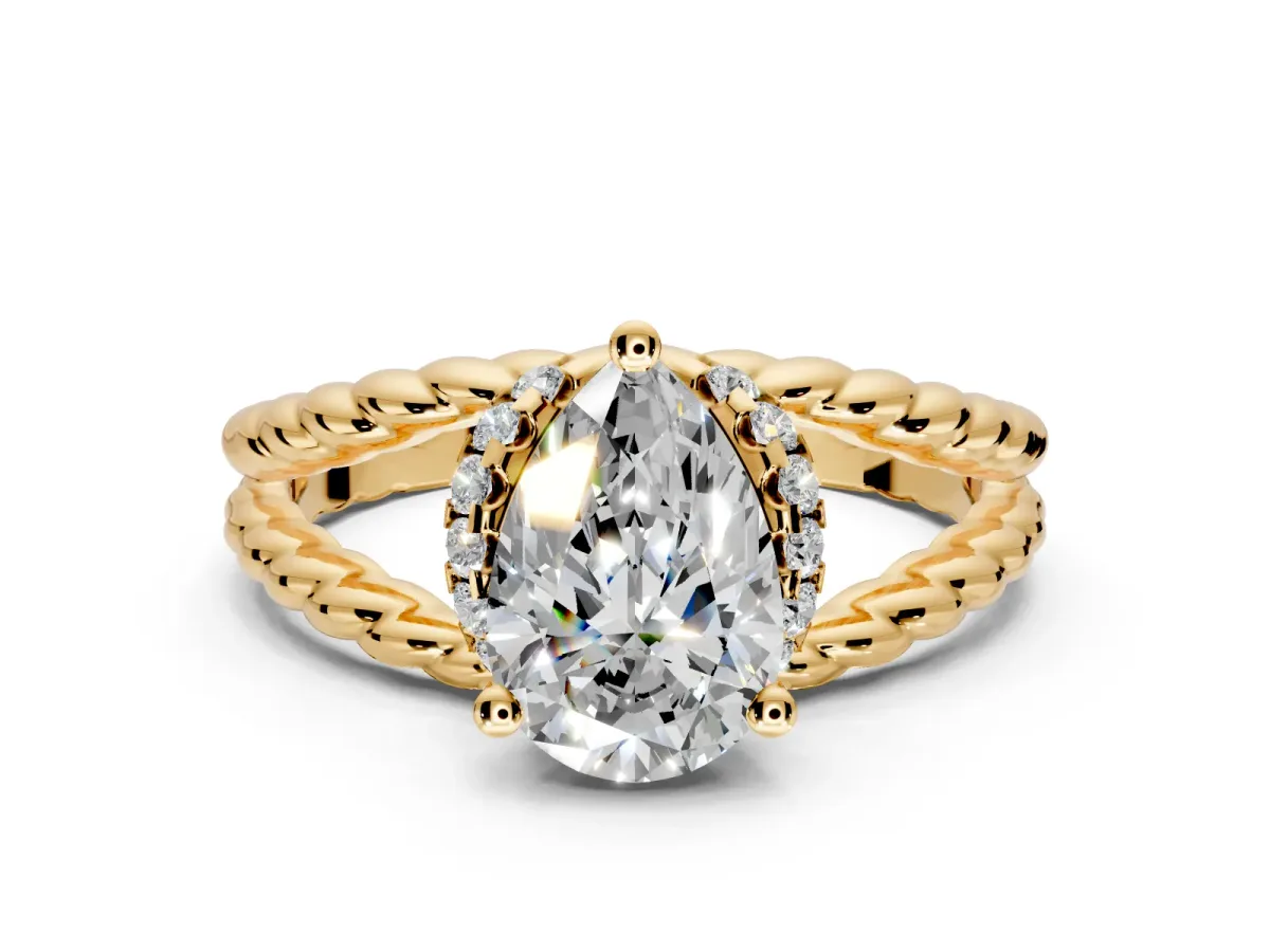 Halo Engagement Ring Setting for Pear-Shaped Center with Rope Twist Split Shank and Prong Head in Yellow Gold