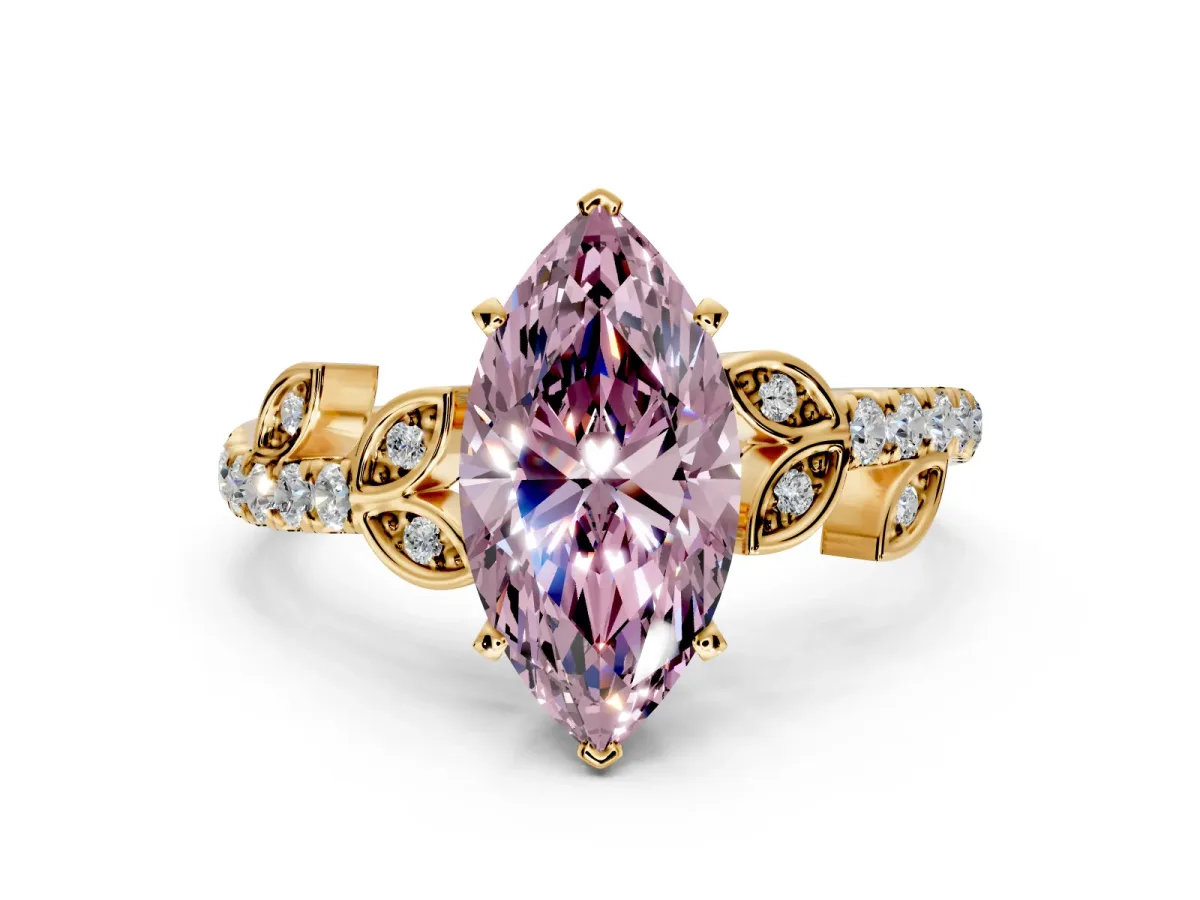 Leaf Motif Engagement Ring Setting for Fancy Pink Marquise Center with Pave Band and Prong Head in Yellow Gold