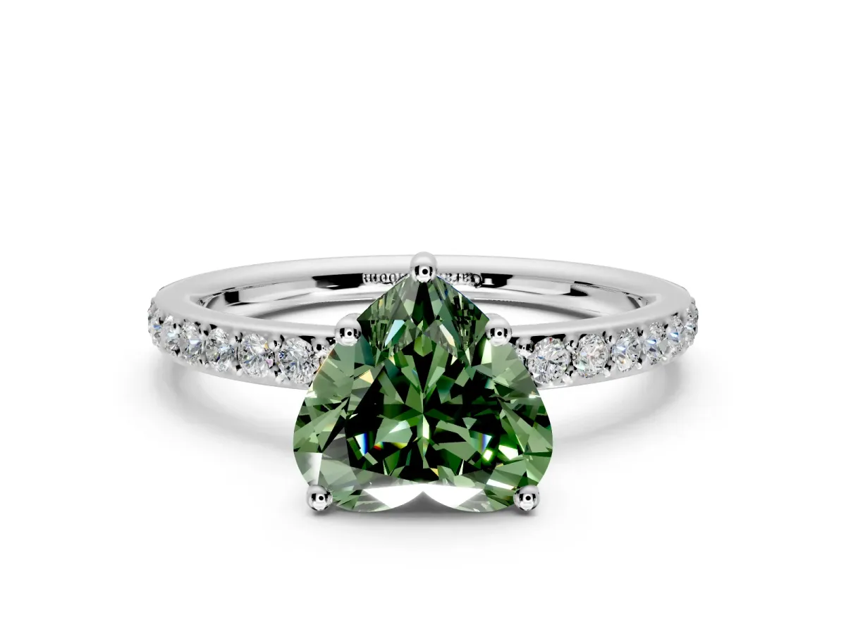 Solitaire Engagement Ring Setting for Fancy Green Heart-Shaped Center with Fine Pave Band and Prong Head in Sterling Silver