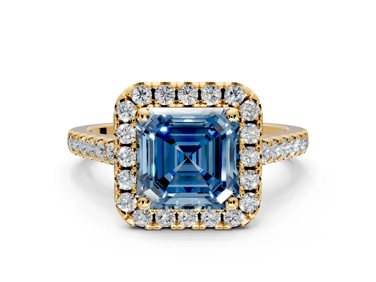 Halo Engagement Ring Setting for Fancy Blue Asscher Cut Center with Raised Halo, Pave Band and Prong Head in Yellow Gold