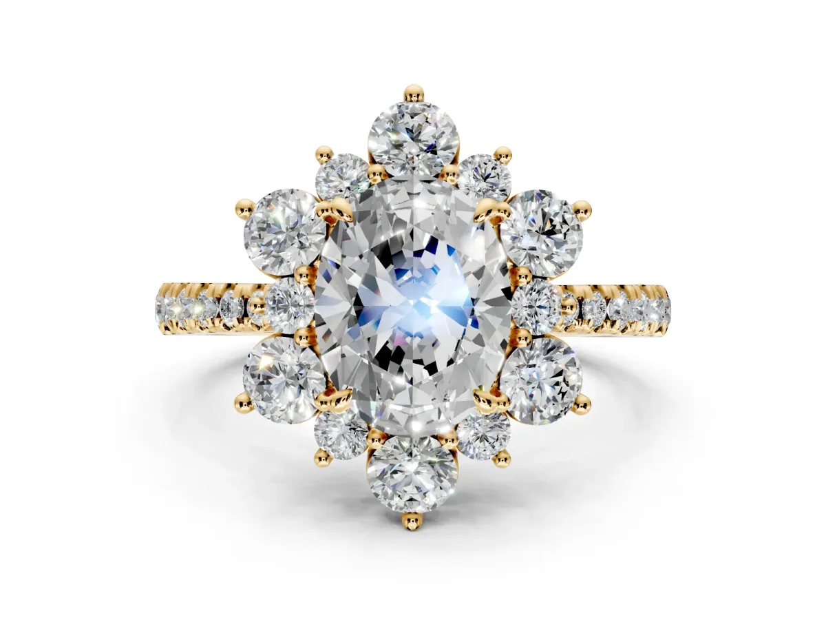 Floral Halo Engagement Ring Setting for Oval Center with Pave Accents and Prong Head in Yellow Gold