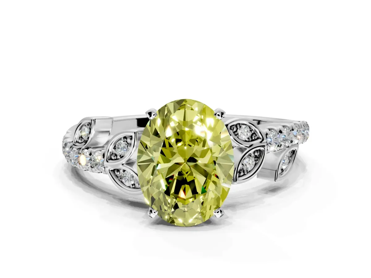 Leaf Motif Engagement Ring Setting for Fancy Yellow Oval Center with Pave Band and Prong Head in Platinum