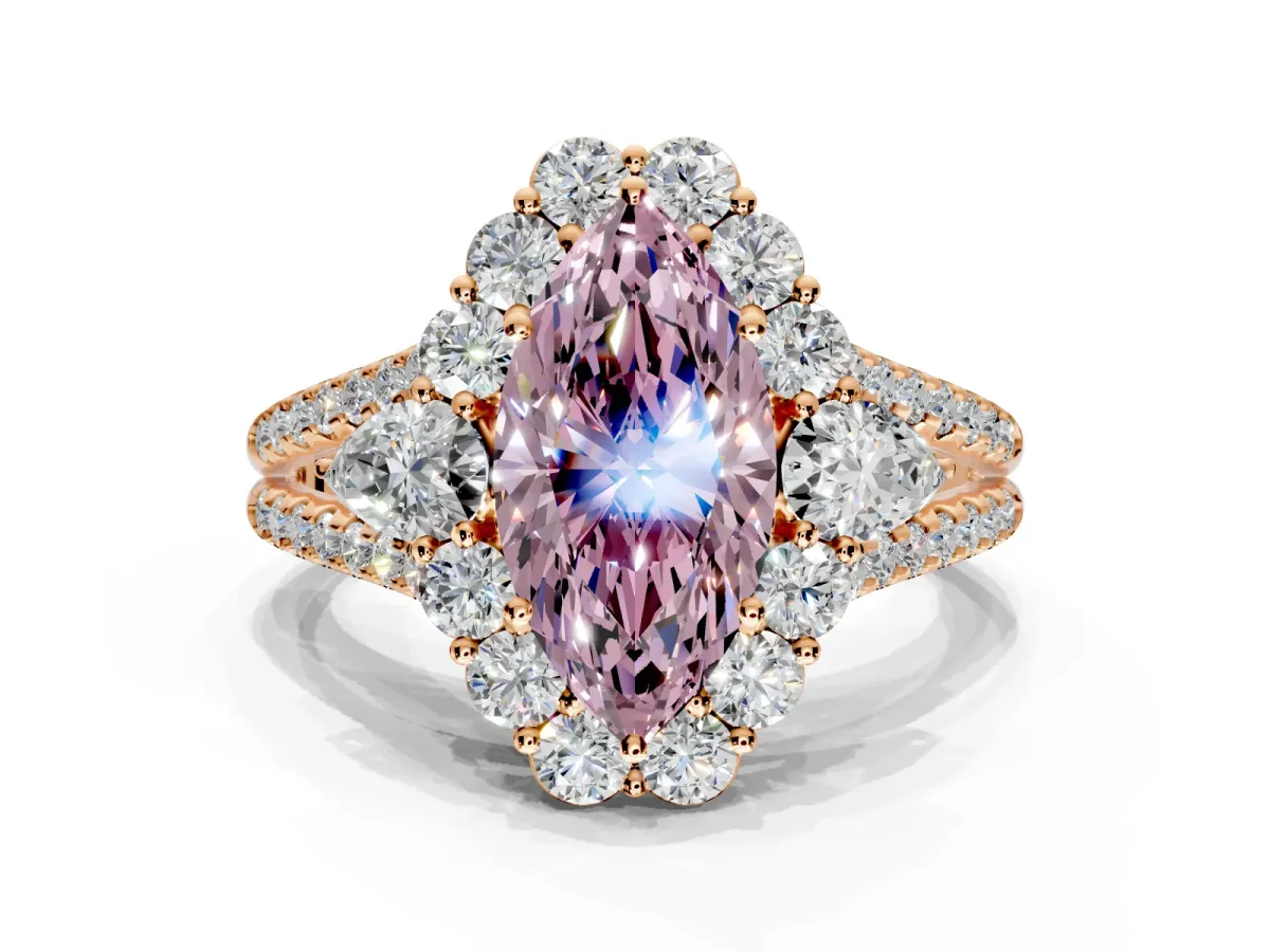 Halo Engagement Ring Setting for Fancy Pink Marquise Center with Two-Strand Split Shank and Prong Head in Rose Gold