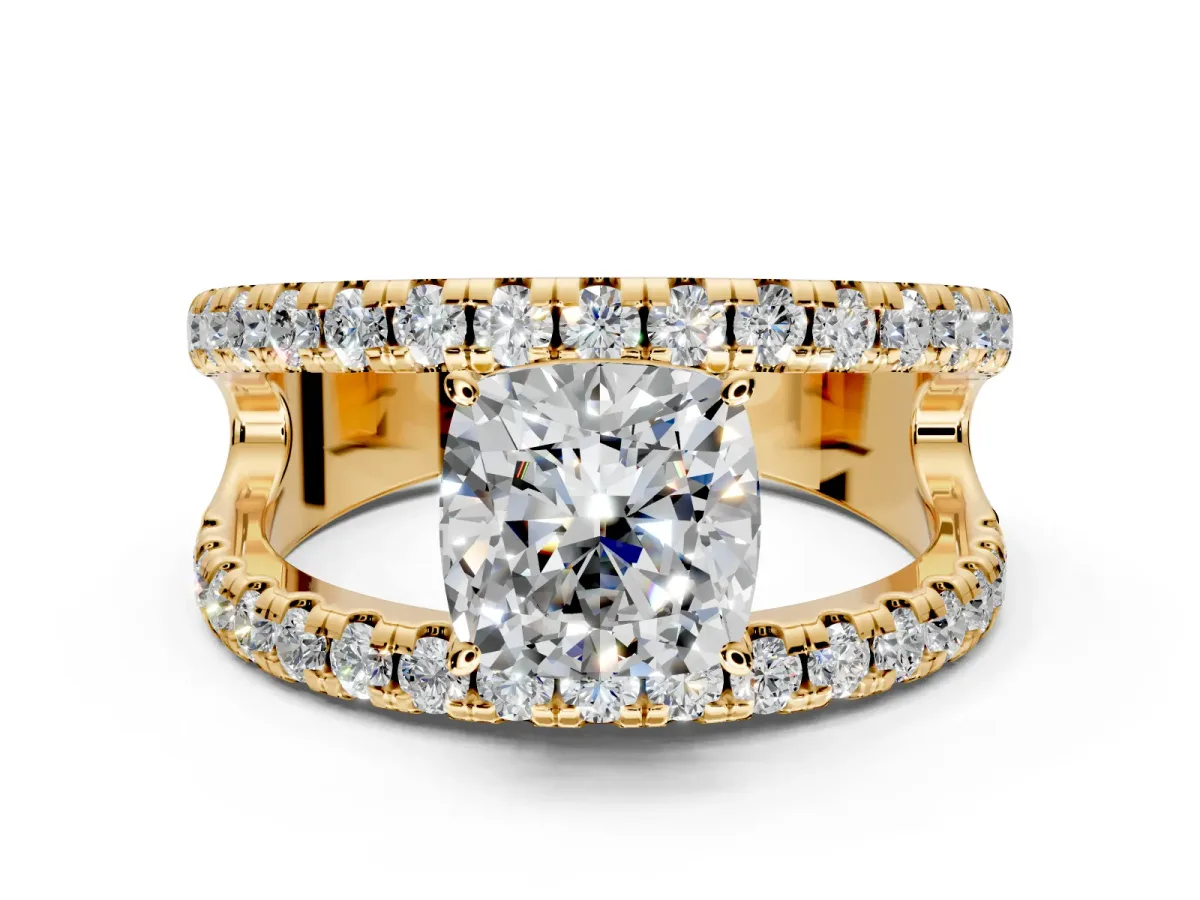 Solitaire Engagement Ring Setting for Cushion Cut Center with Wide-Open Split Shank and Prong Head in Yellow Gold