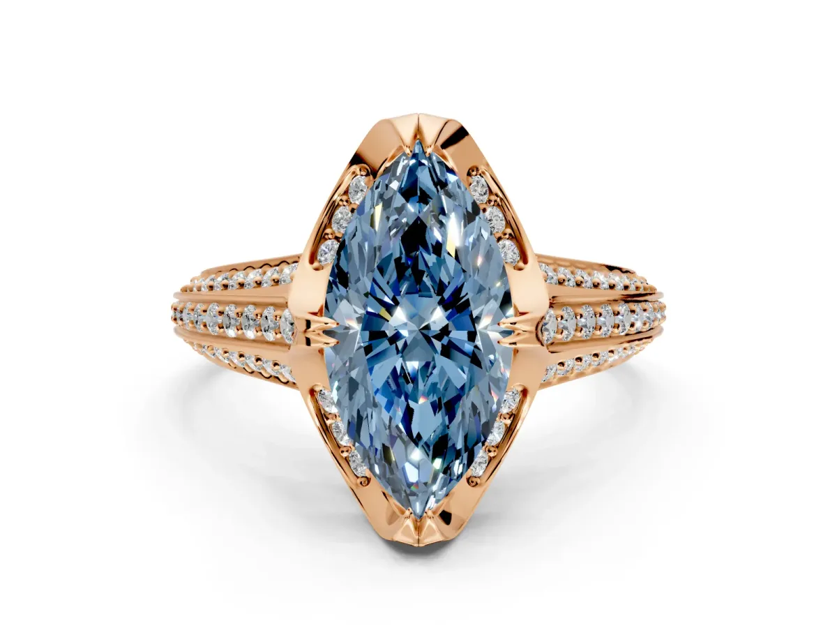 Solitaire Engagement Ring Setting for Fancy Blue Marquise Center with Accented Split Shank and Prong Head in Rose Gold