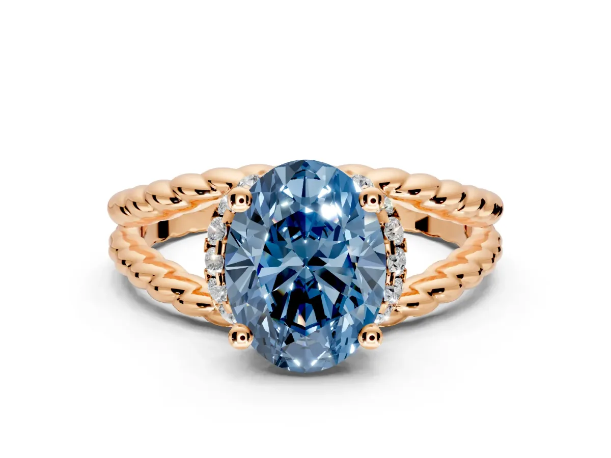 Halo Engagement Ring Setting for Fancy Blue Oval Center with Rope Twist Split Shank and Prong Head in Rose Gold