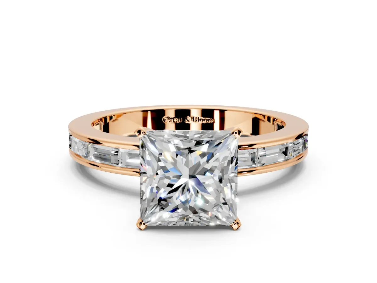 Solitaire Engagement Ring Setting for Princess Cut Center with Channel Baguette Band and Prong Head in Rose Gold