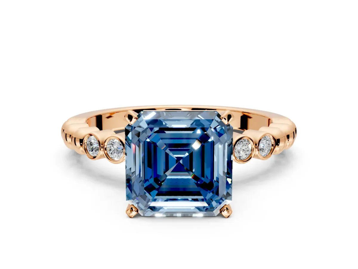 Solitaire Engagement Ring Setting for Fancy Blue Asscher Cut Center with Bezel-Dot Beaded Band and Prong Head in Rose Gold