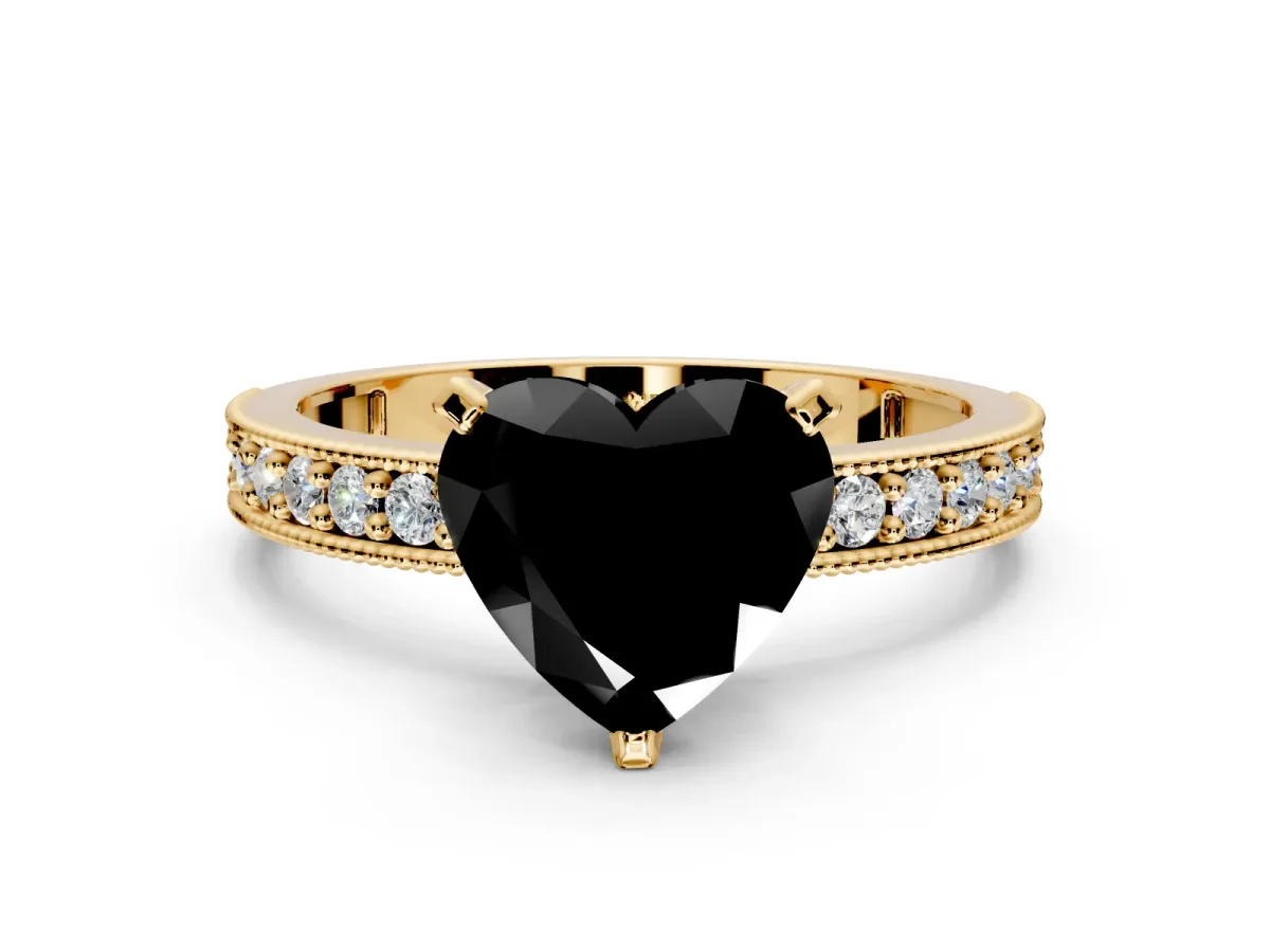 Milgrain Pave Engagement Ring Setting for Fancy Black Heart-Shaped Center with Accent Band and Prong Head in Yellow Gold
