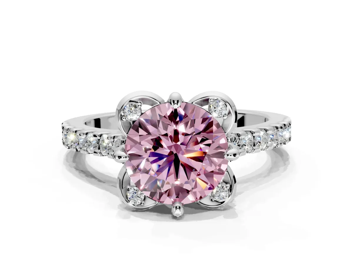 Floral Engagement Ring Setting for Fancy Pink Round Cut Center with Pave Band and Floral Prong Head in Platinum