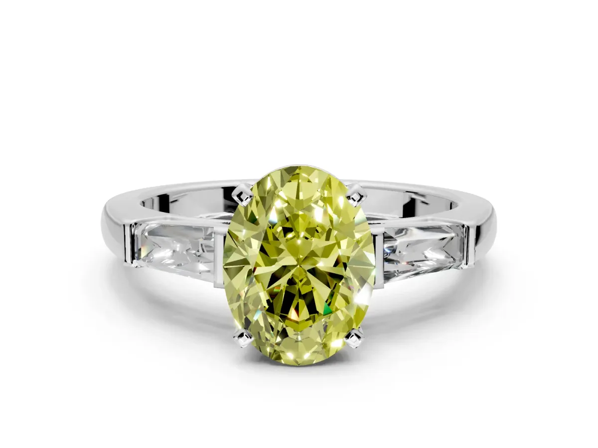 3 Stone Engagement Ring Setting for Fancy Yellow Oval Center with Tapered Baguettes, Plain Band and Prong Head in Platinum