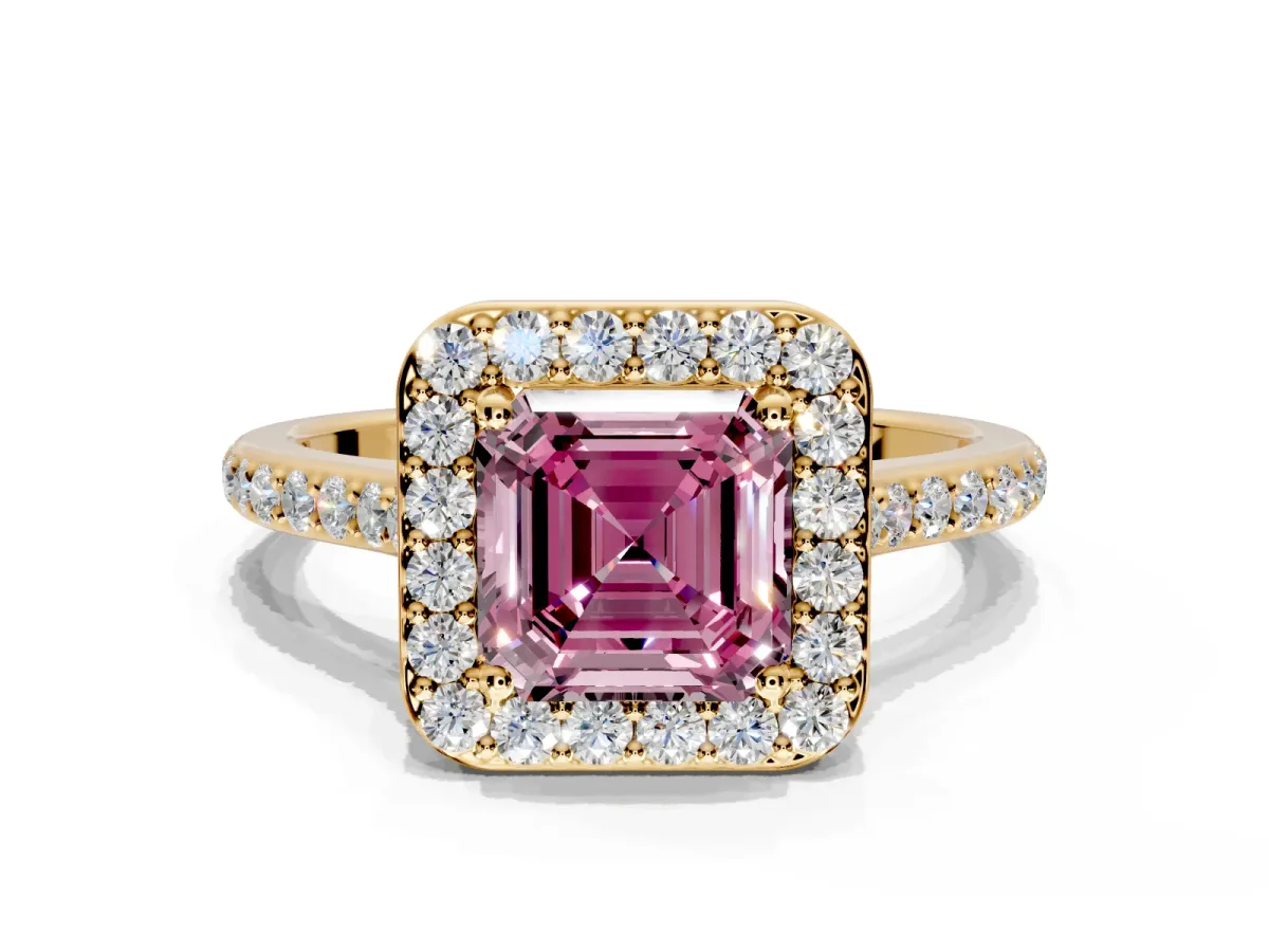 Halo Engagement Ring Setting for Fancy Pink Asscher Cut Center with Pave Accents, Heart Basket and Prong Head in Yellow Gold