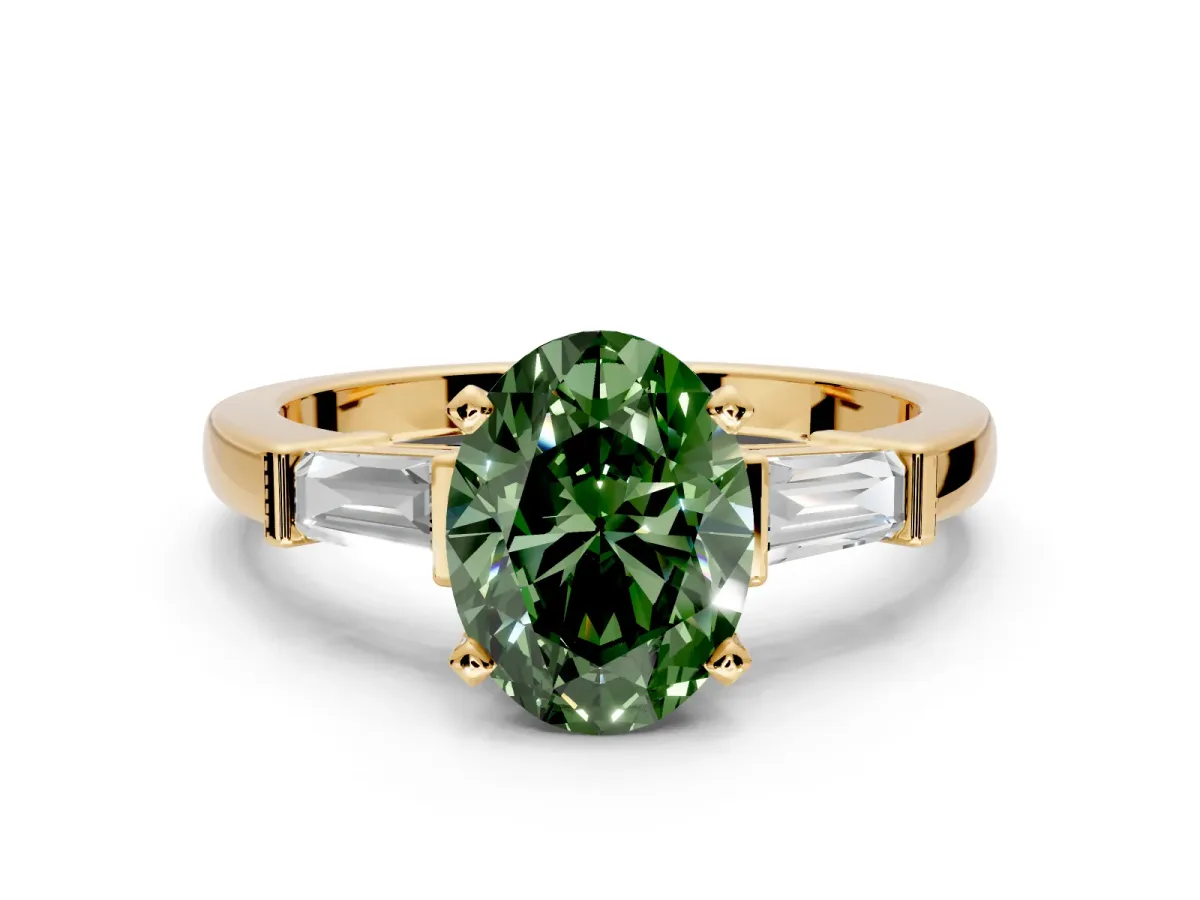 3 Stone Engagement Ring Setting for Fancy Green Oval Center with Channel Baguette Accents and Prong Head in Yellow Gold