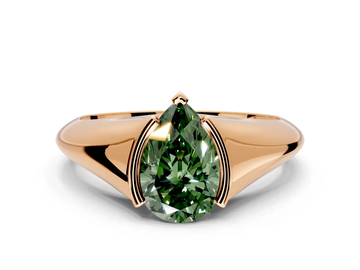 Tension Engagement Ring Setting for Fancy Green Pear-Shaped Center with Wide Tapered Band and Tension Head in Rose Gold
