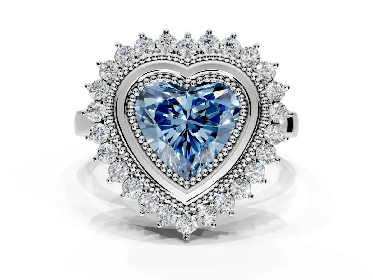 Halo Engagement Ring Setting for Fancy Blue Heart-Shaped Center with Milgrain Bezel Rim, Plain Band and Prong Head in Platinum