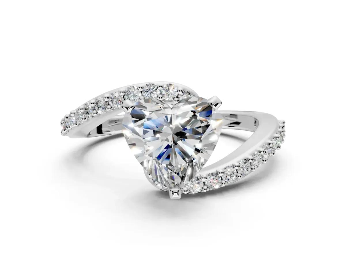 Solitaire Engagement Ring Setting for Heart-Shaped Center with Pave Bypass Swirl Band and Prong Head in Platinum