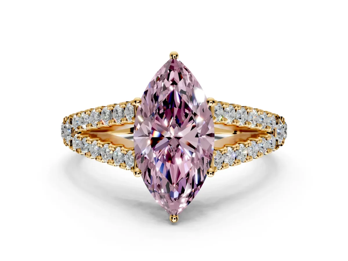 Solitaire Engagement Ring Setting for Fancy Pink Marquise Center with Pave Split Shank and Prong Head in Yellow Gold