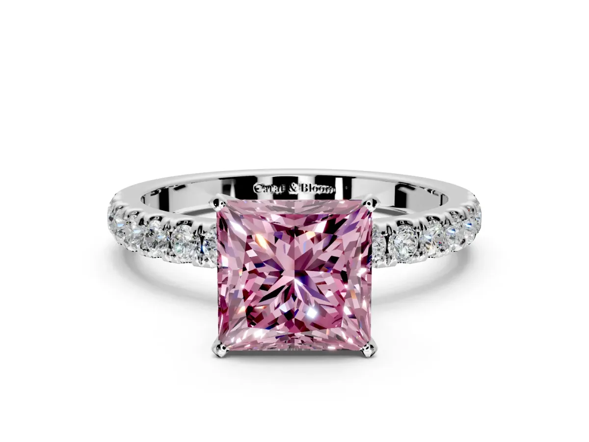 Open Basket Engagement Ring Setting for Fancy Pink Princess Cut Center with Pave Band and Prong Head in Sterling Silver