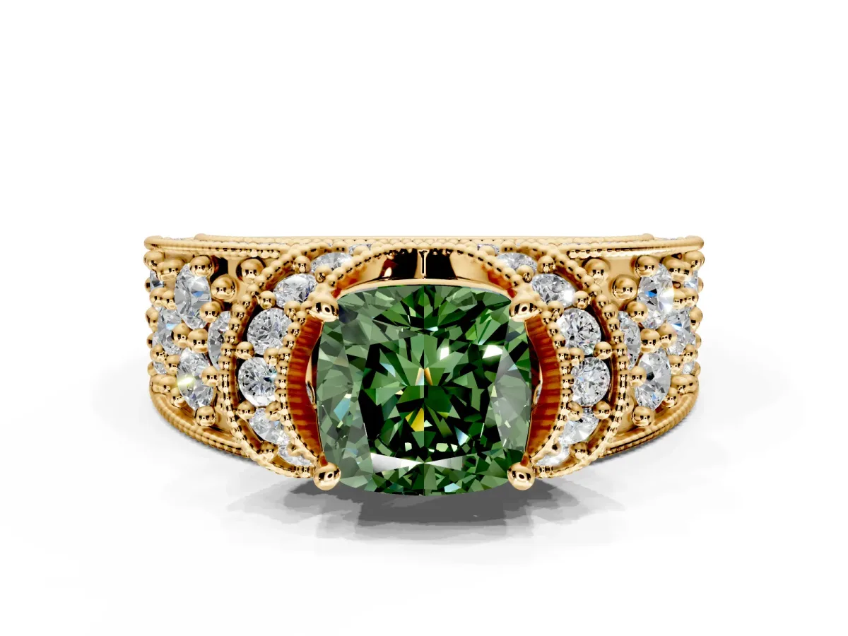 Pave Engagement Ring Setting for Fancy Green Cushion Cut Center with Curved Accent Rows, Openwork and Prong Head in Yellow Gold