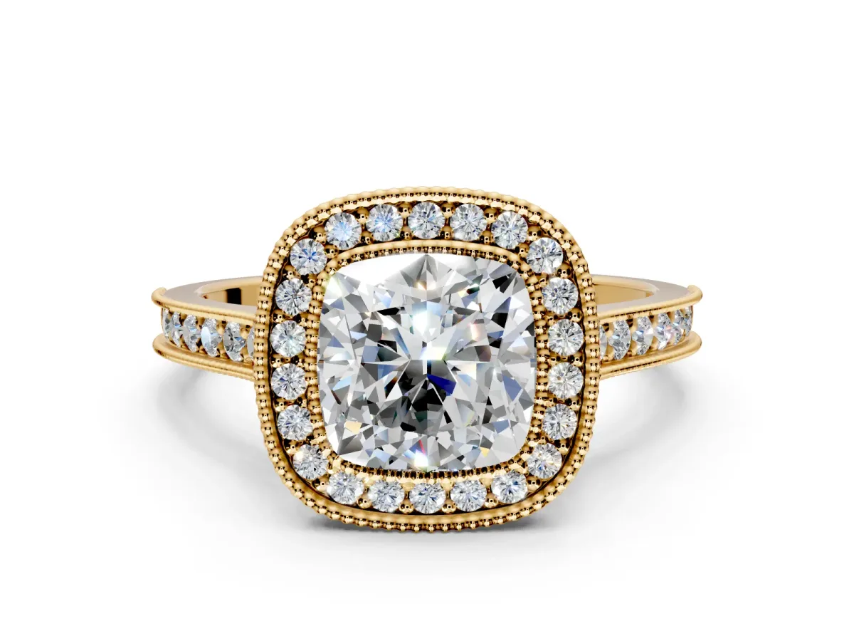 Halo Engagement Ring Setting for Cushion Cut Center with Milgrain Pave Band and Bezel Head in Yellow Gold