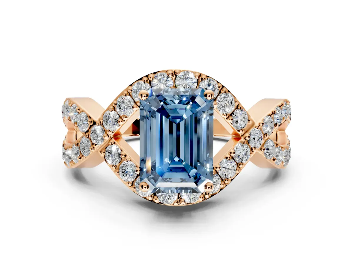 Halo Engagement Ring Setting for Fancy Blue Emerald Cut Center with Pave Infinity Twist Band and Prong Head in Rose Gold