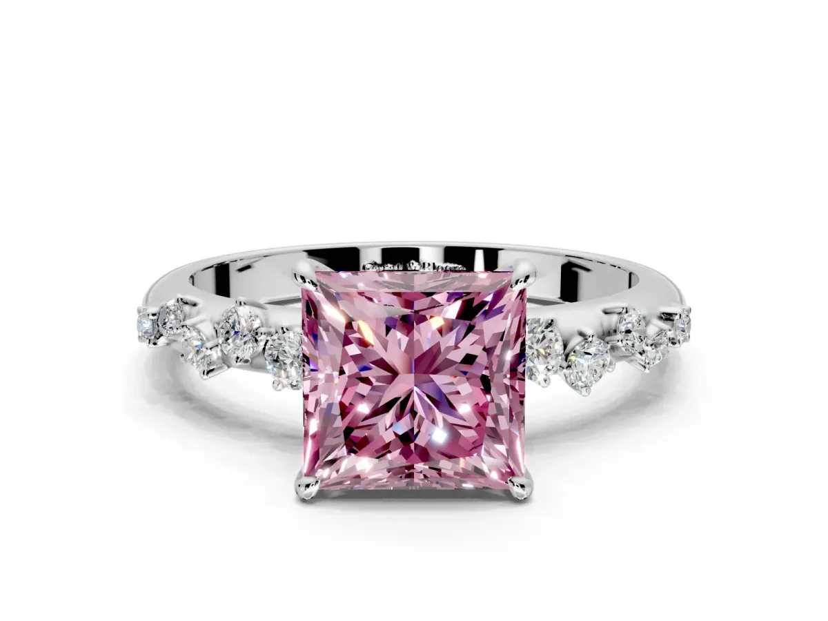 Cluster Engagement Ring Setting for Fancy Pink Princess Cut Center with Round Cut Accent Band and Prong Head in Sterling Silver