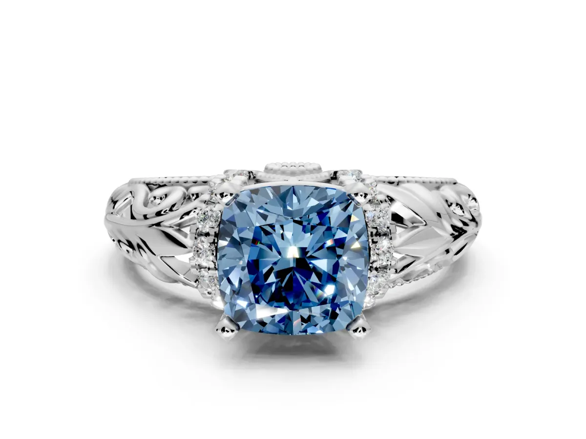 Solitaire Engagement Ring Setting for Fancy Blue Cushion Cut Center with Filigree Accent Basket and Prong Head in Platinum