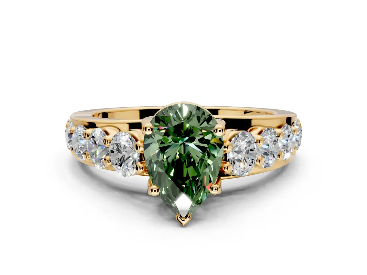 Solitaire Engagement Ring Setting for Fancy Green Pear-Shaped Center with Graduated Shared Prongs and Prong Head in Yellow Gold