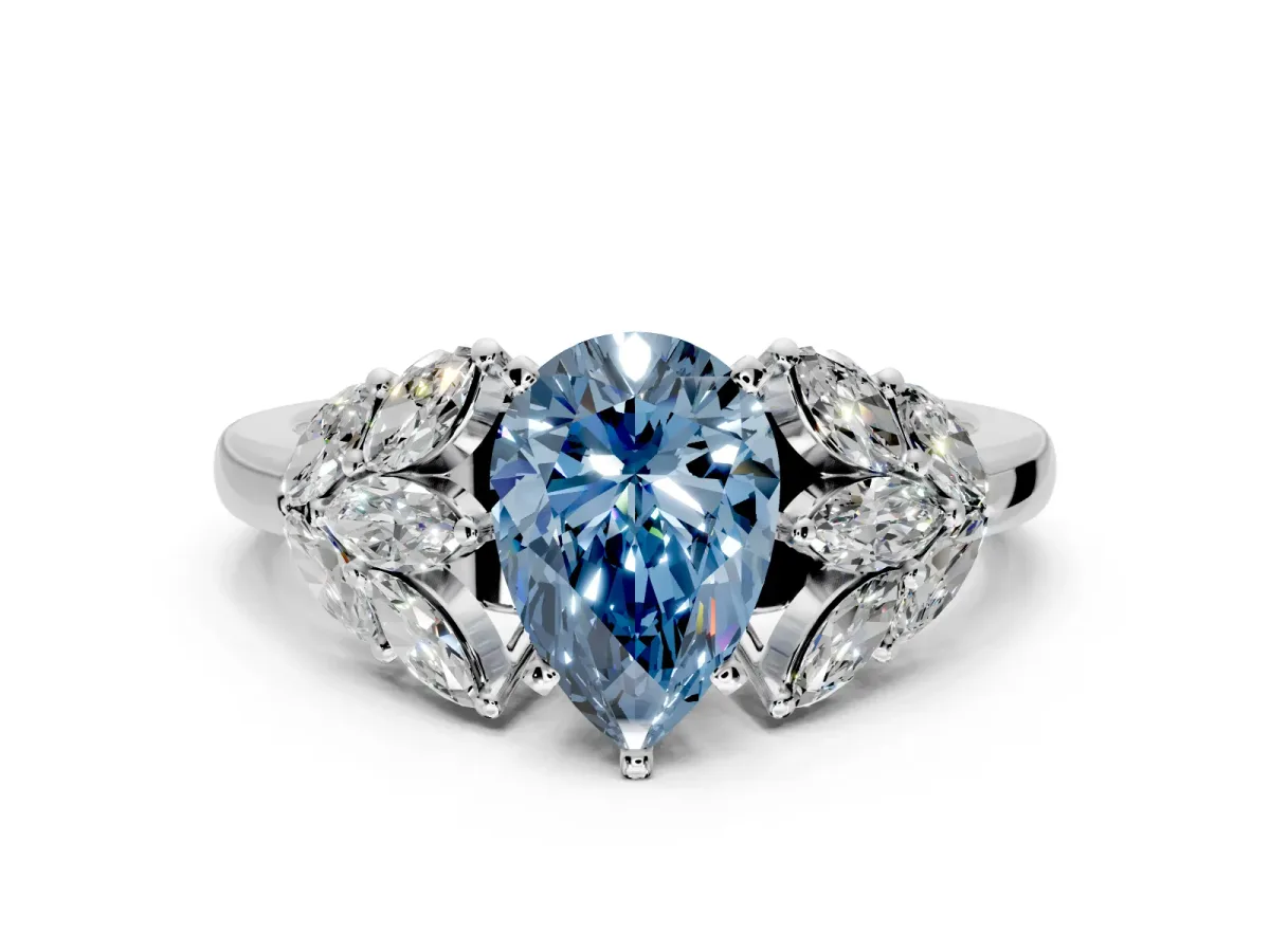 Leaf Cluster Engagement Ring Setting for Fancy Blue Pear-Shaped Center with Marquise Accents and Prong Head in Platinum