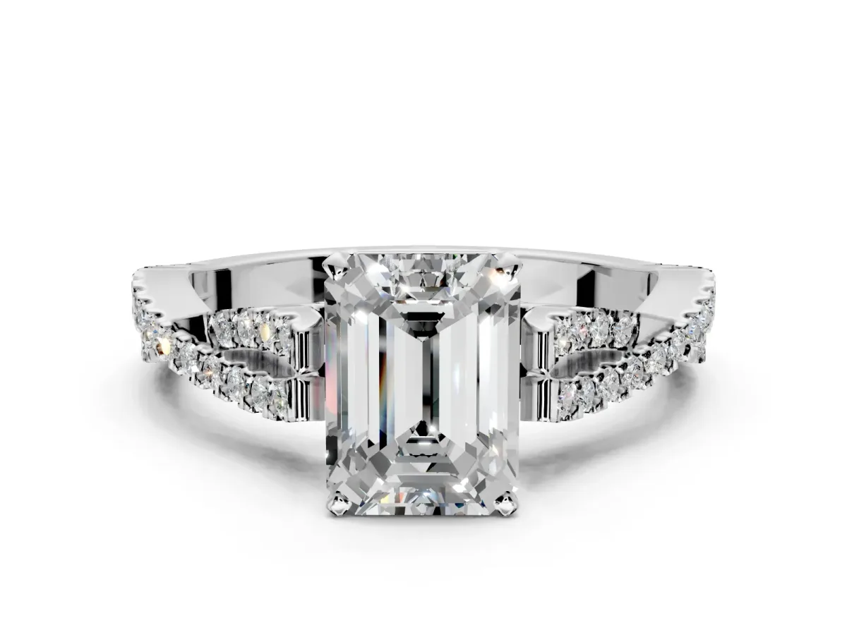 Solitaire Engagement Ring Setting for Emerald Cut Center with Twisted Pave Split Shank and Prong Head in Platinum