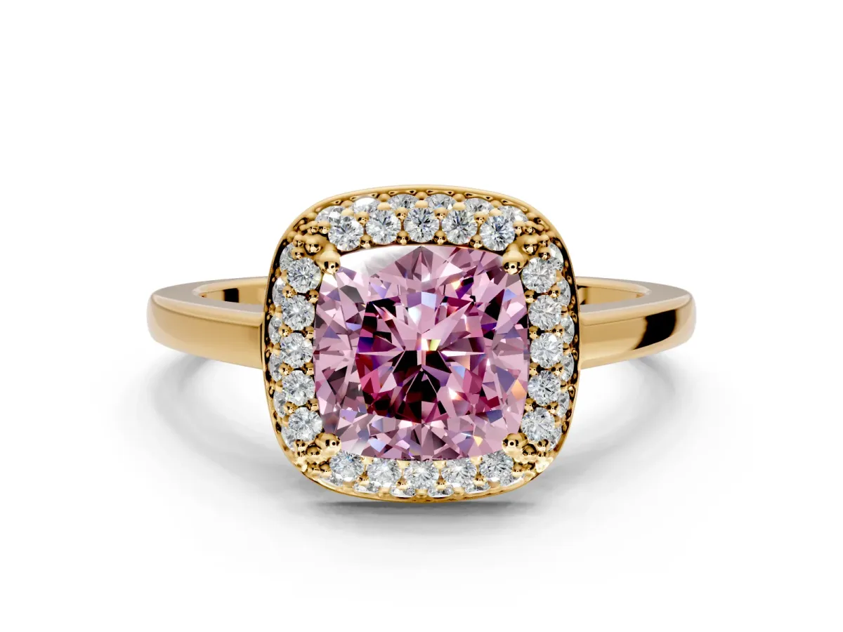 Halo Engagement Ring Setting for Fancy Pink Cushion Cut Center with Plain Tapered Band and Prong Head in Yellow Gold