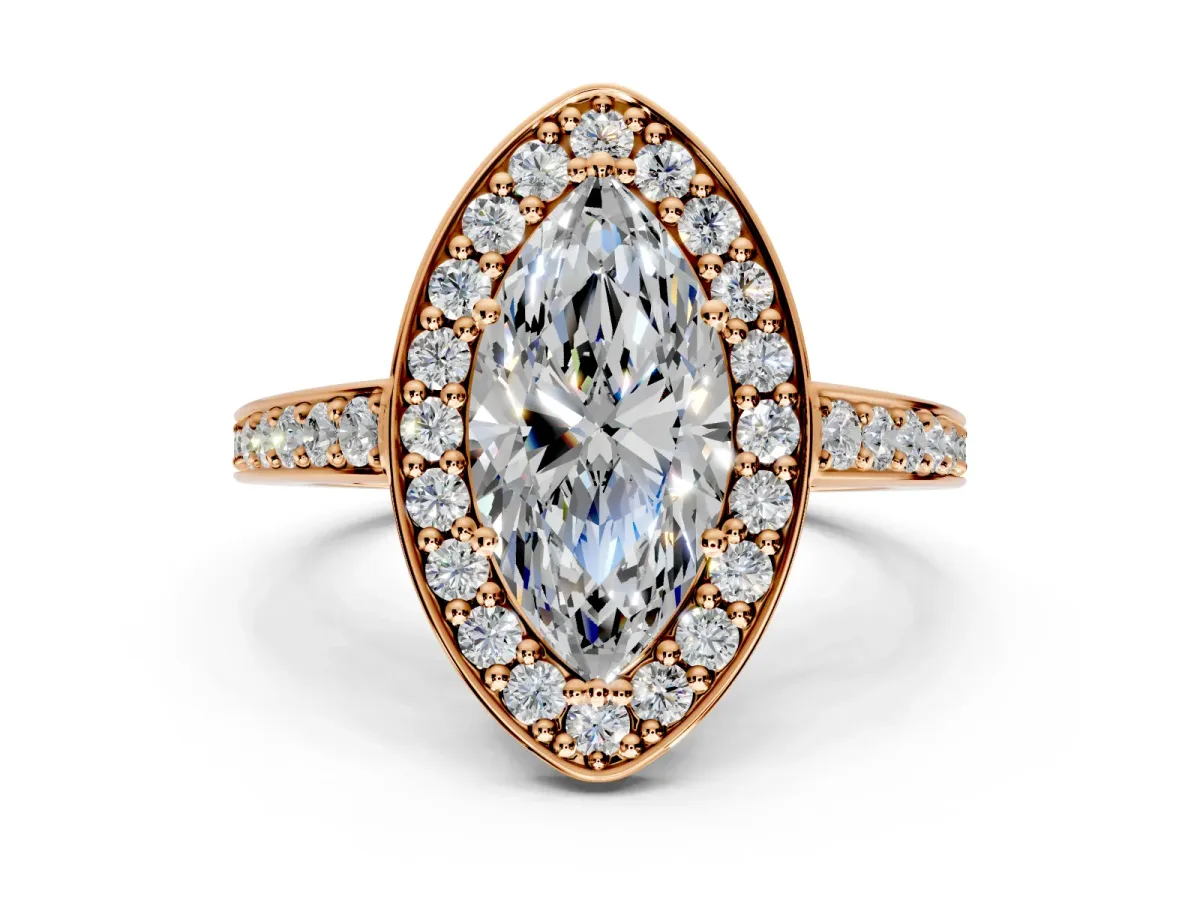 Bezel-Framed Halo Engagement Ring Setting for Marquise Center with Pave Band and Prong Head in Rose Gold