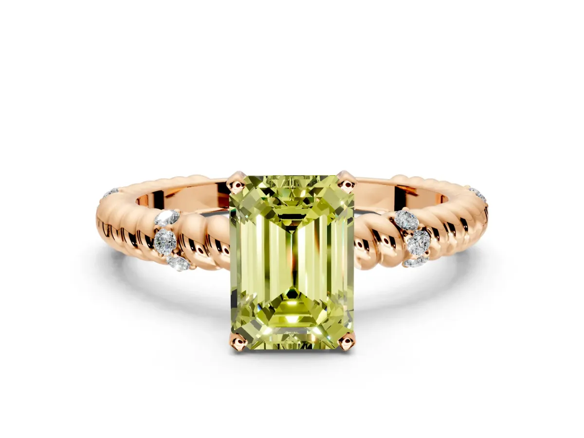 Rope Engagement Ring Setting for Fancy Yellow Emerald Cut Center with Accent Shoulders and Prong Head in Rose Gold