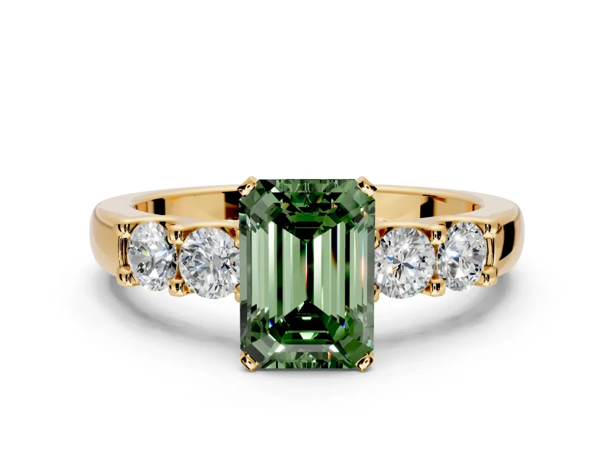5 Stone Engagement Ring Setting for Fancy Green Emerald Cut Center with Plain Band and Prong Head in Yellow Gold