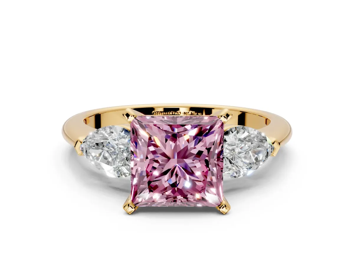 3 Stone Engagement Ring Setting for Fancy Pink Princess Cut Center with Large Pear-Shaped Accents and Prong Head in Yellow Gold