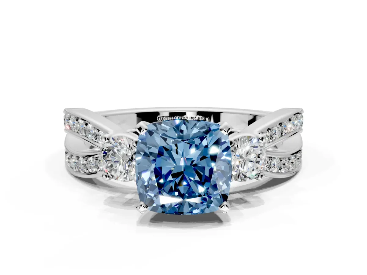 3 Stone Engagement Ring Setting for Fancy Blue Cushion Cut Center with Pave Twist Band and Prong Head in Platinum