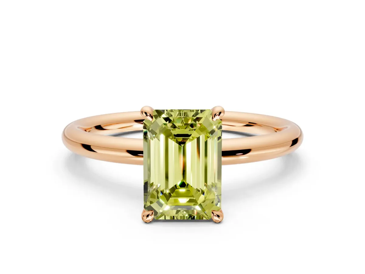 Hidden Halo Engagement Ring Setting for Fancy Yellow Emerald Cut Center with Thin Rounded Band and Prong Head in Rose Gold