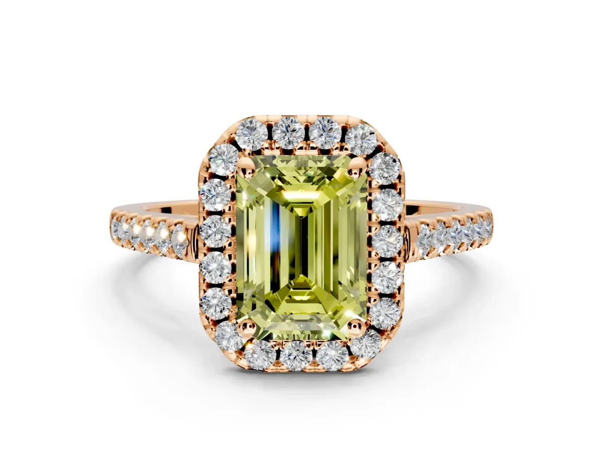 Halo Engagement Ring Setting for Fancy Yellow Emerald Cut Center with Raised Halo, Pave Band and Prong Head in Rose Gold