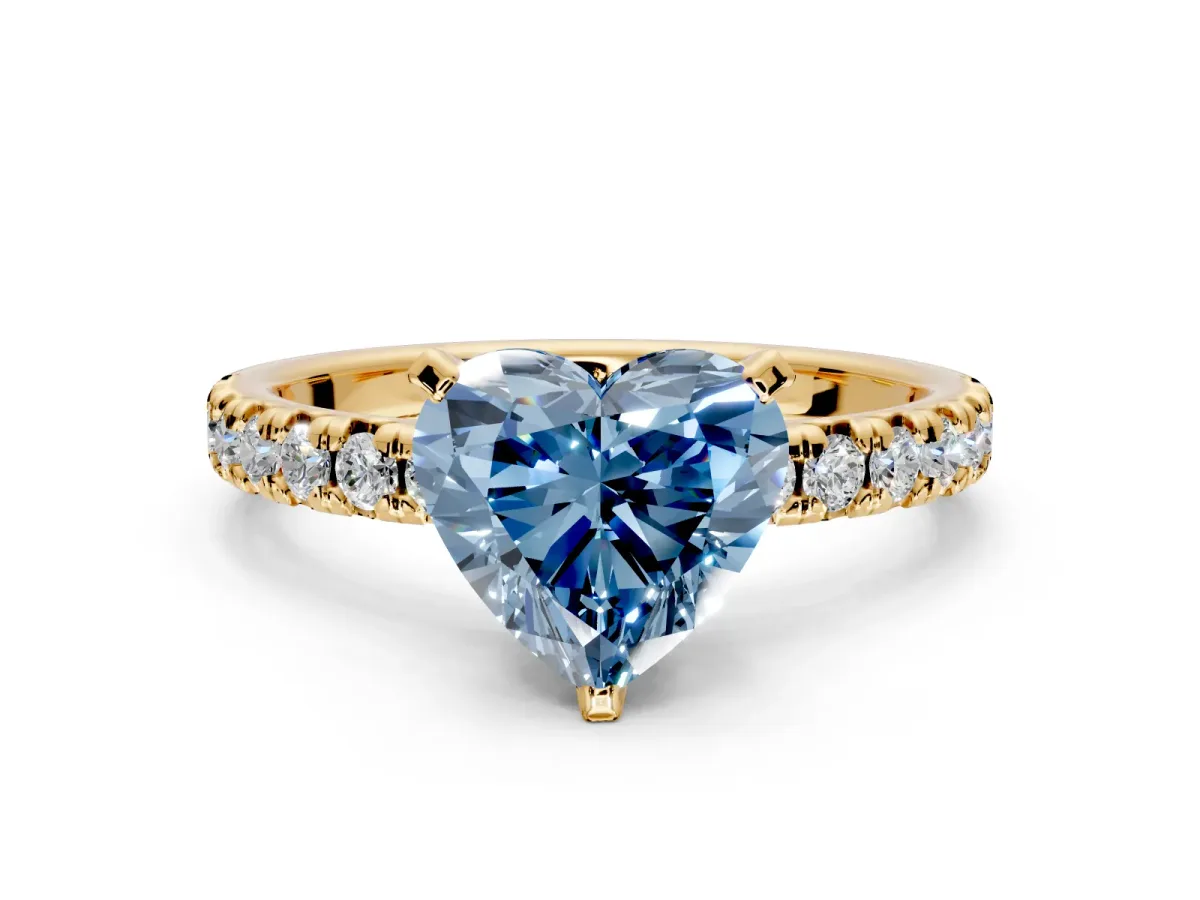 Solitaire Engagement Ring Setting for Fancy Blue Heart-Shaped Center with Large Accents and Prong Head in Yellow Gold