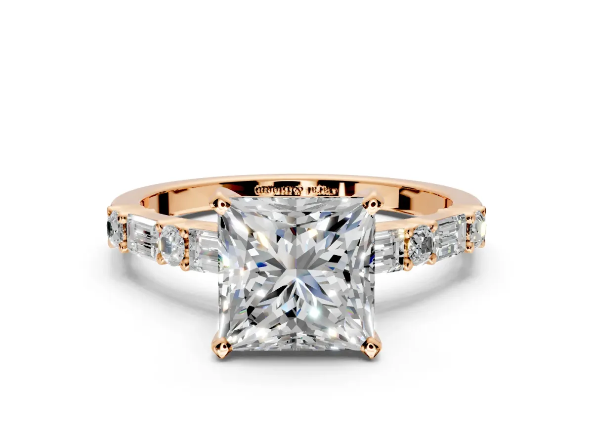 Baguette Engagement Ring Setting for Princess Cut Center with Alternating Bar-Set Band and Prong Head in Rose Gold