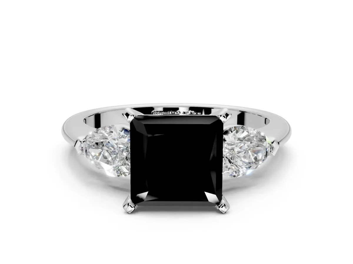 3 Stone Engagement Ring Setting for Fancy Black Princess Cut Center with Large Pear-Shaped Accents and Prong Head in Sterling Silver
