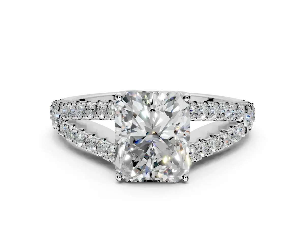 Solitaire Engagement Ring Setting for Radiant Cut Center with Pave Split Shank and Prong Head in White Gold