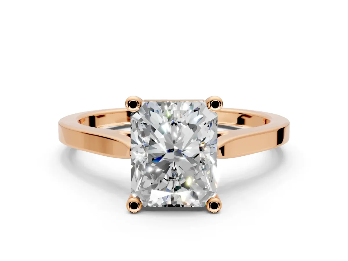 Solitaire Engagement Ring Setting for Radiant Cut Center with Tapered Shoulders and Prong Head in Rose Gold