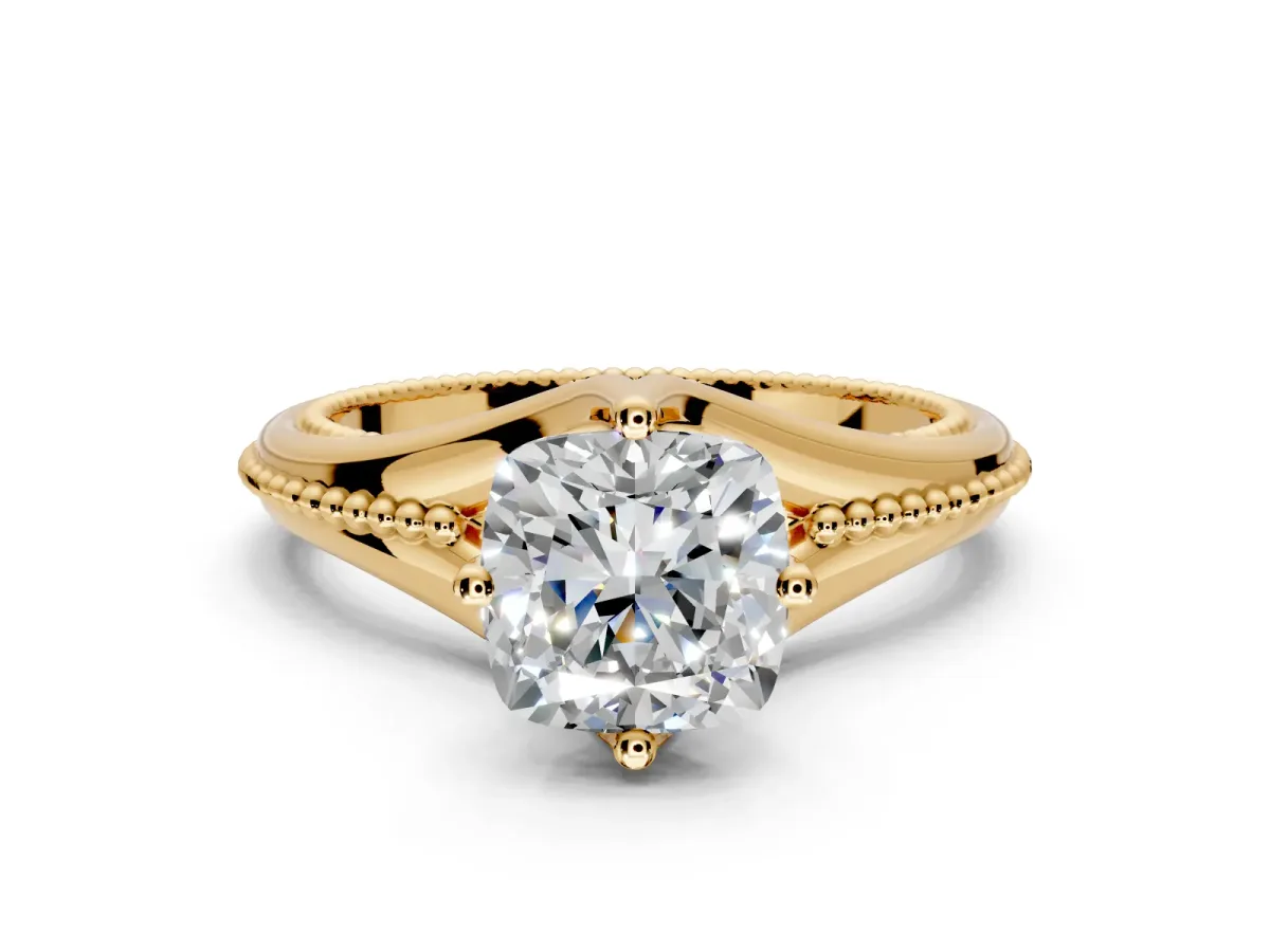 Solitaire Engagement Ring Setting for Cushion Cut Center with Milgrain Cathedral Band and Prong Head in Yellow Gold