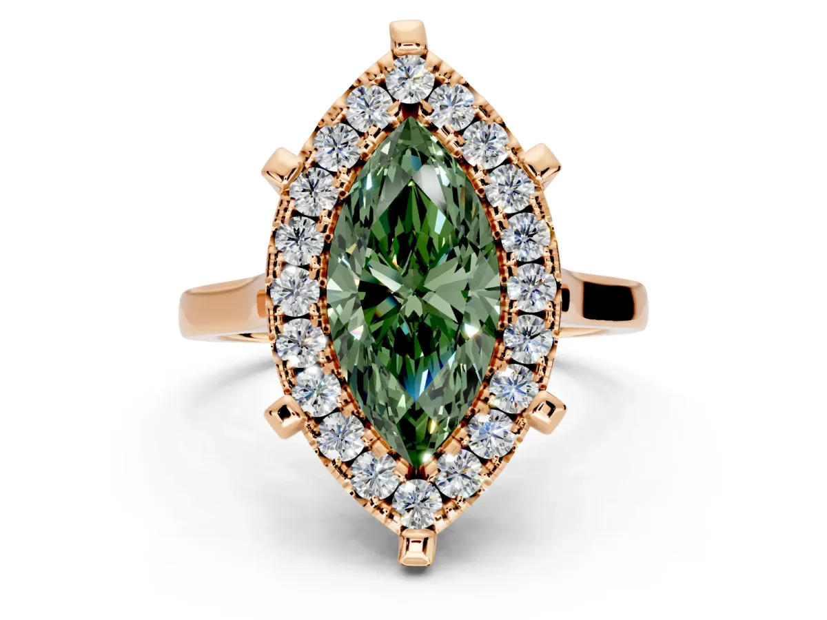 Single Halo Engagement Ring Setting for Fancy Green Marquise Center with Corner Claws, Plain Band and Prong Head in Rose Gold