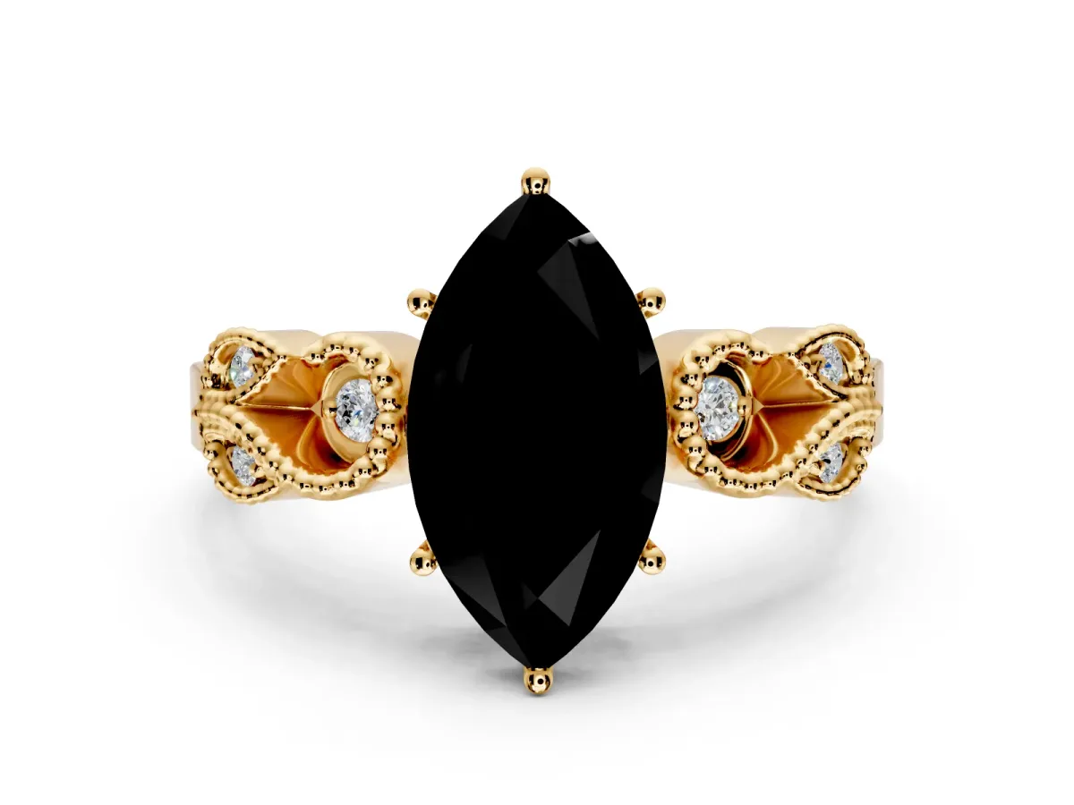 Leaf Engagement Ring Setting for Fancy Black Marquise Center with Milgrain Accent Band and Prong Head in Yellow Gold