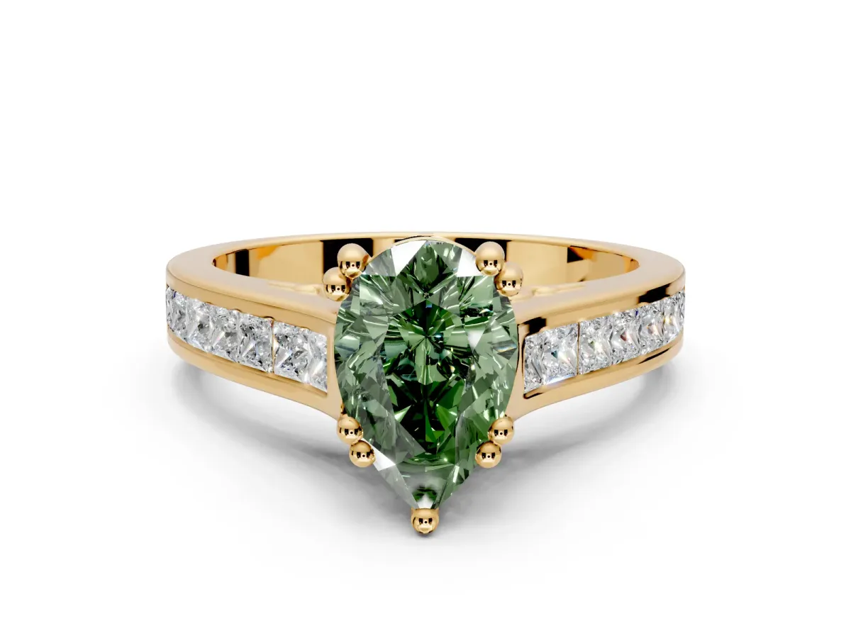 Solitaire Engagement Ring Setting for Fancy Green Pear-Shaped Center with Channel Band and Double Claw Prong Head in Yellow Gold