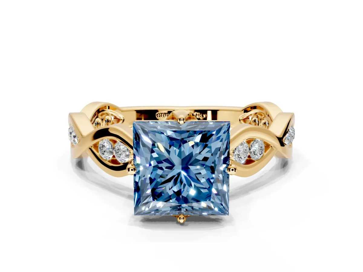 Solitaire Engagement Ring Setting for Fancy Blue Princess Cut Center with Accented Twist Band and Leaf Prong Head in Yellow Gold